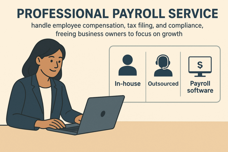 Business owner reviewing payroll services benefits including time savings and compliance support