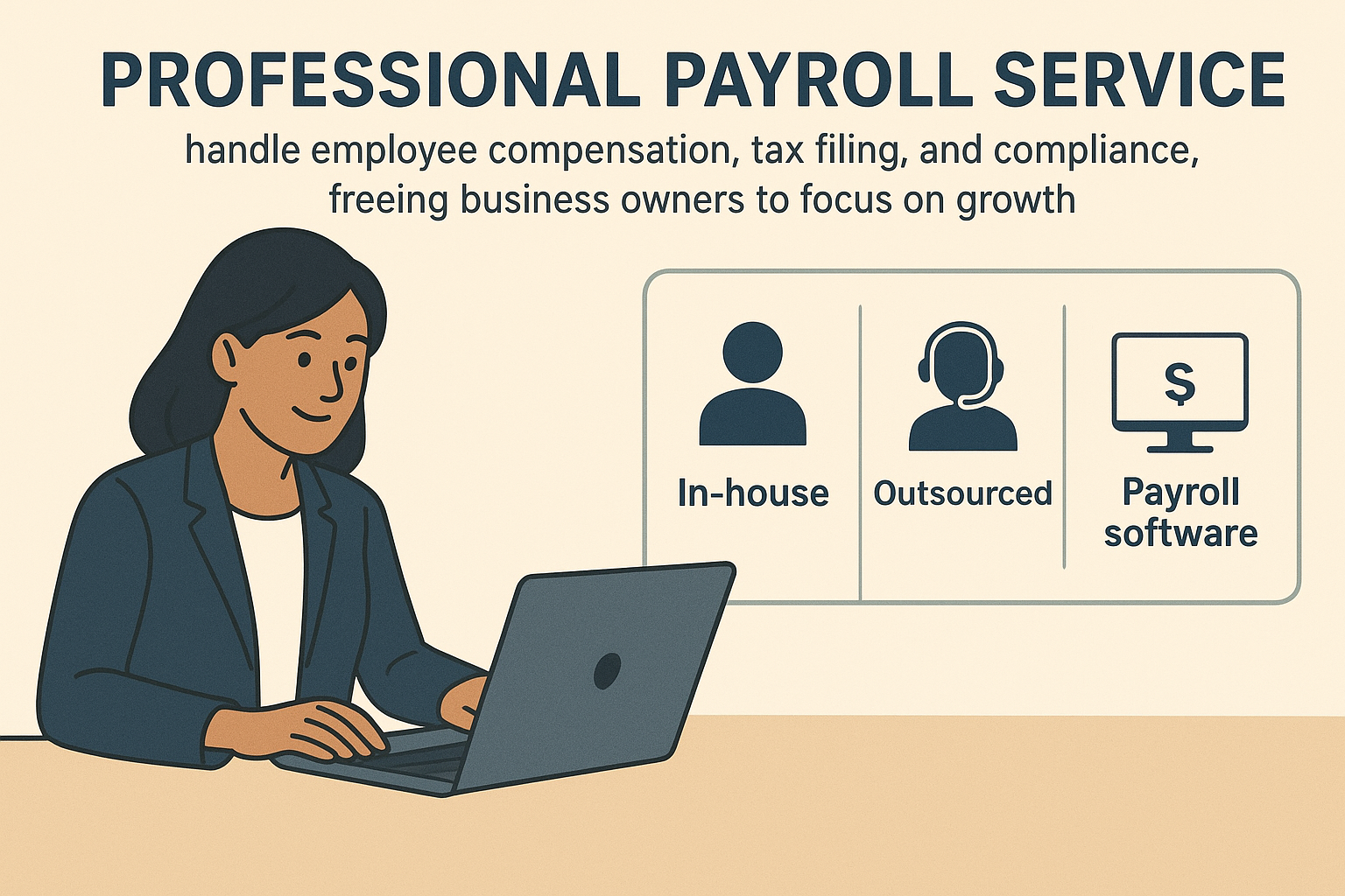 Business owner reviewing payroll services benefits including time savings and compliance support
